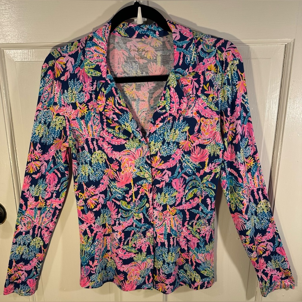 Lilly Pulitzer PJ Knit Long Sleeve Button Up Top Oyster Bay Navy Size XS